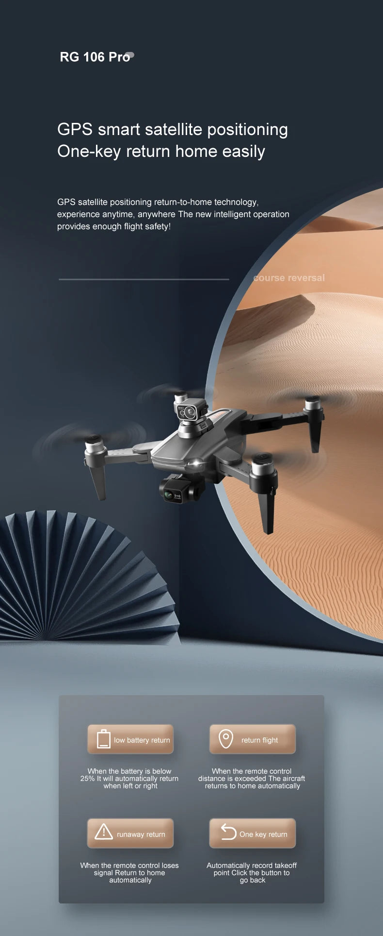 RG106 MAX Drone - Professional GPS 6K HD Dual HD Camera with 3-Axis Gimbal FPV Obstacle Avoidance Brushless Foldable Quadcopter Toys Professional Camera Drone 43 RG106 MAX Drone, ourse reversal low battery return return return flight When the battery is below 25%
