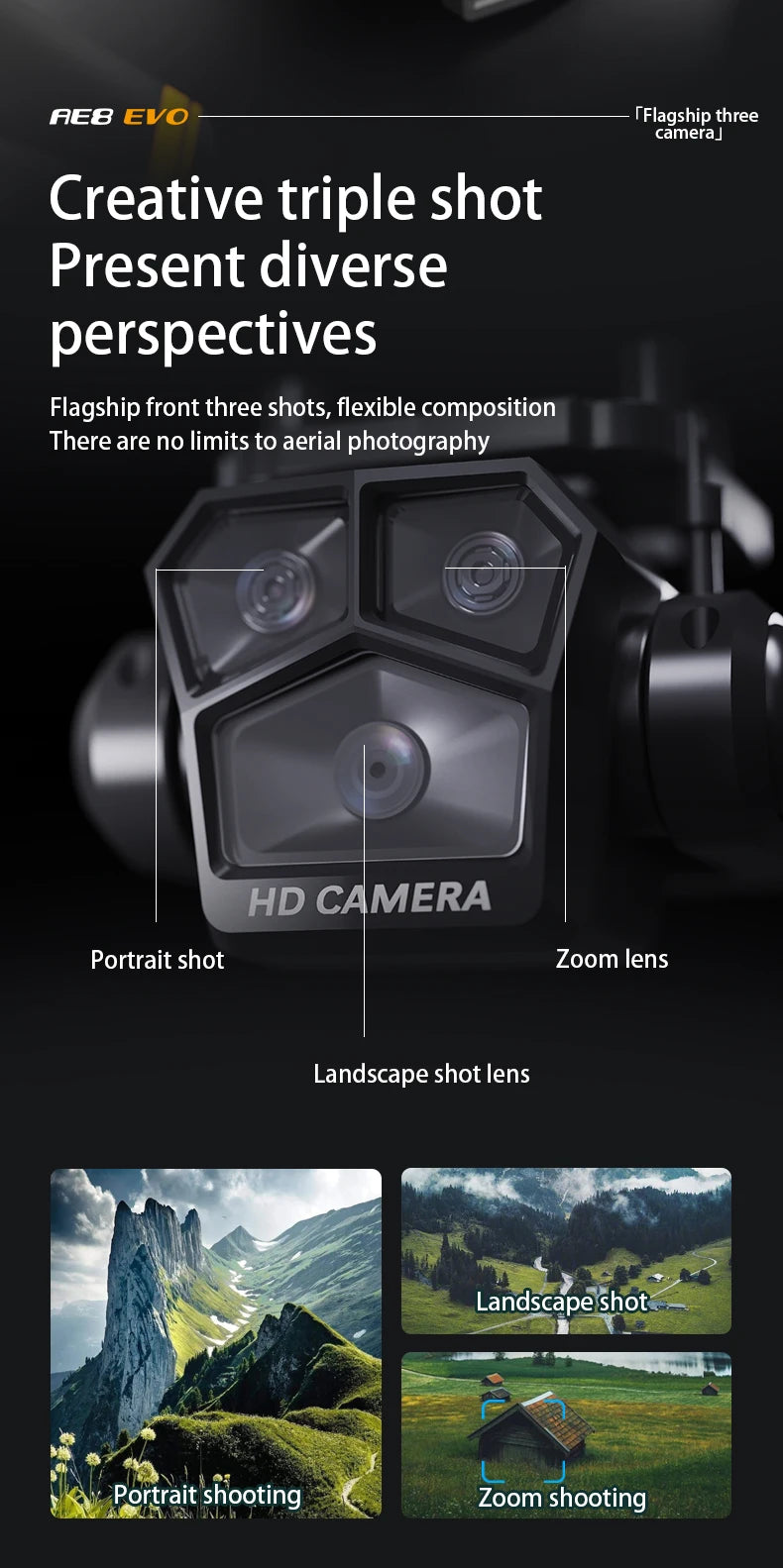 AE8 EVO Drone - Dual Camera 4K Professional Positioning Aerial Photography Laser Obstacle Avoidance Gesture Photography GPS Drone 14 AE8 EVO Drone, Creative triple shot Present diverse perspectives Flagship front three shots, flexible composition No limits to aerial photography