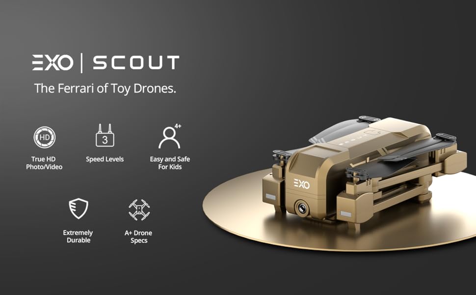 EXO Scout Drone - with Camera for Adults or Kids. Drone Kit with 2 Batteries, Free Carry Case. HD 1080p Video, 3 Speeds, Auto Take-Off/Land, Intelligent AI Modes Professional Camera Drone 7 EXO Scout Drone, Toy Drones: True HD Speed Levels Easy and Safe Photo/Video For Kids