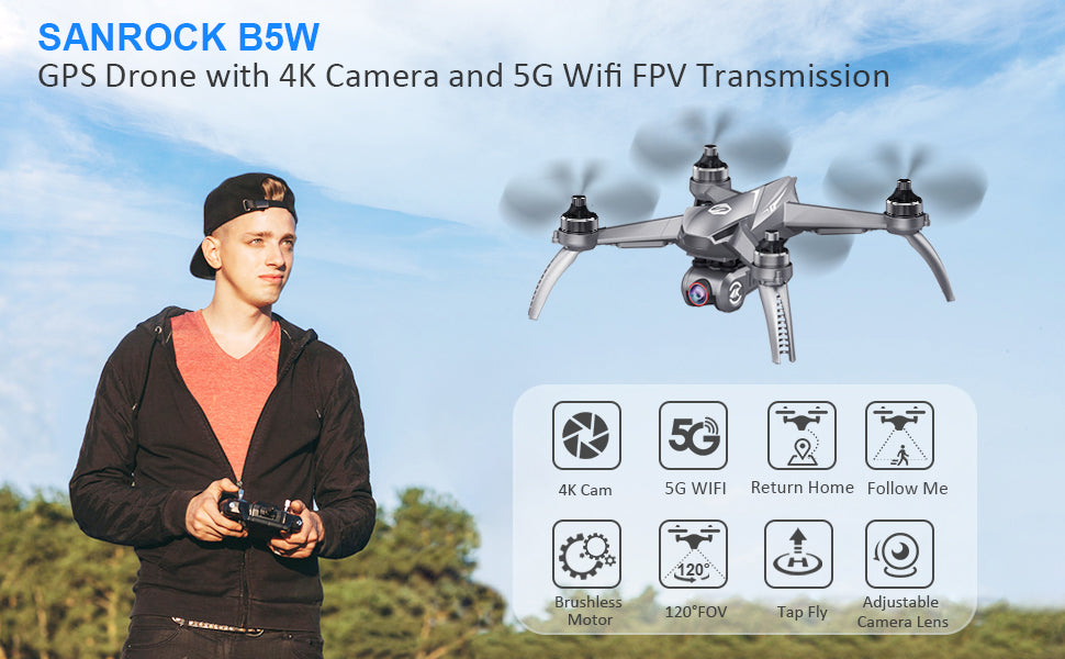 SANROCK B5W GPS Drones - with 4K HD UHD Camera for Adults Kids Beginners, Quadcopter with Brushless Motor, 5GHz FPV Transmission, Auto Return Home, Long Range Control Range Professional Camera Drone 9 SANROCK B5W GPS Drone, SANROCK B5W GPS Dr