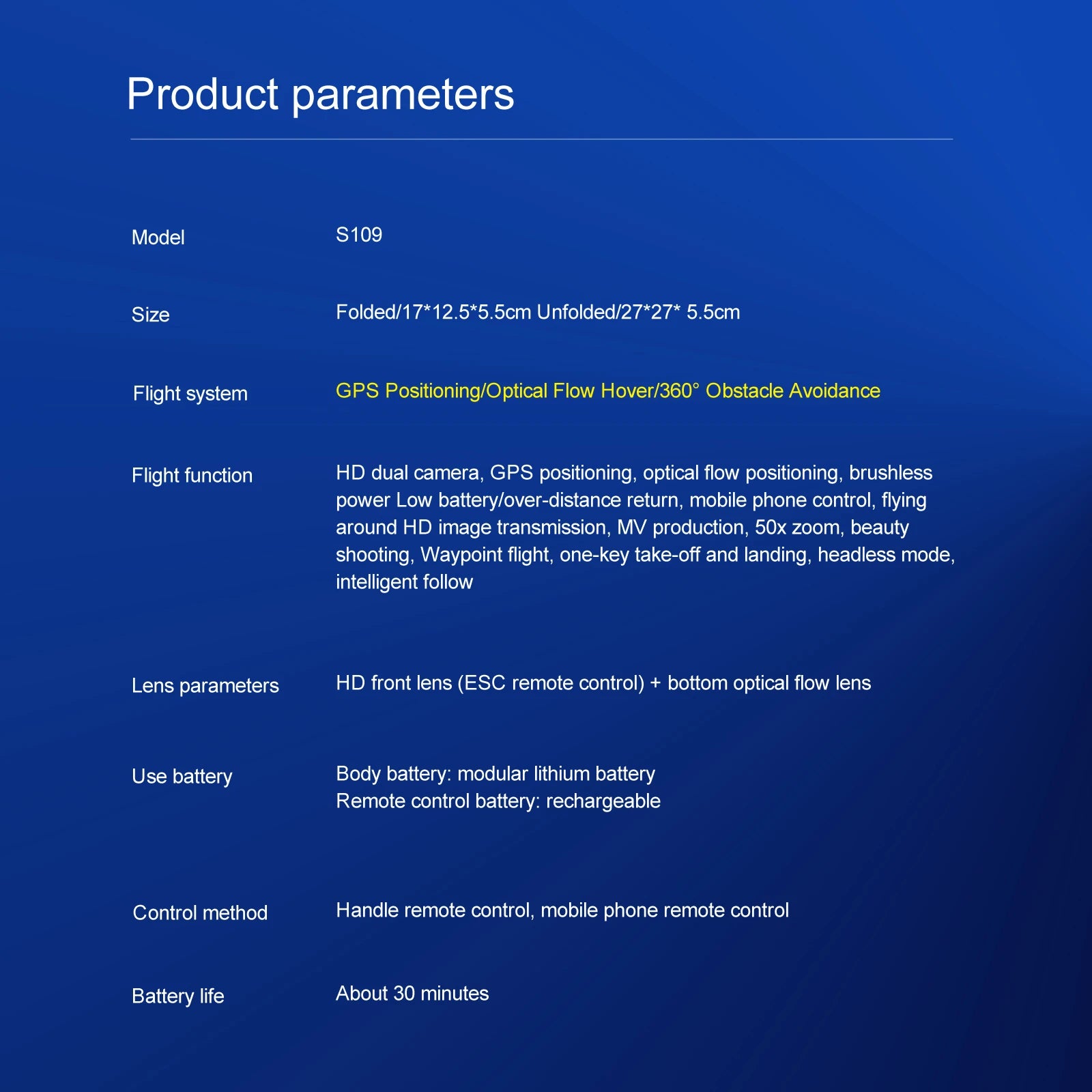 S109 GPS Drone, Flight system GPS Positioning/Optical Flow Hover/3609 Obstacle Avoid