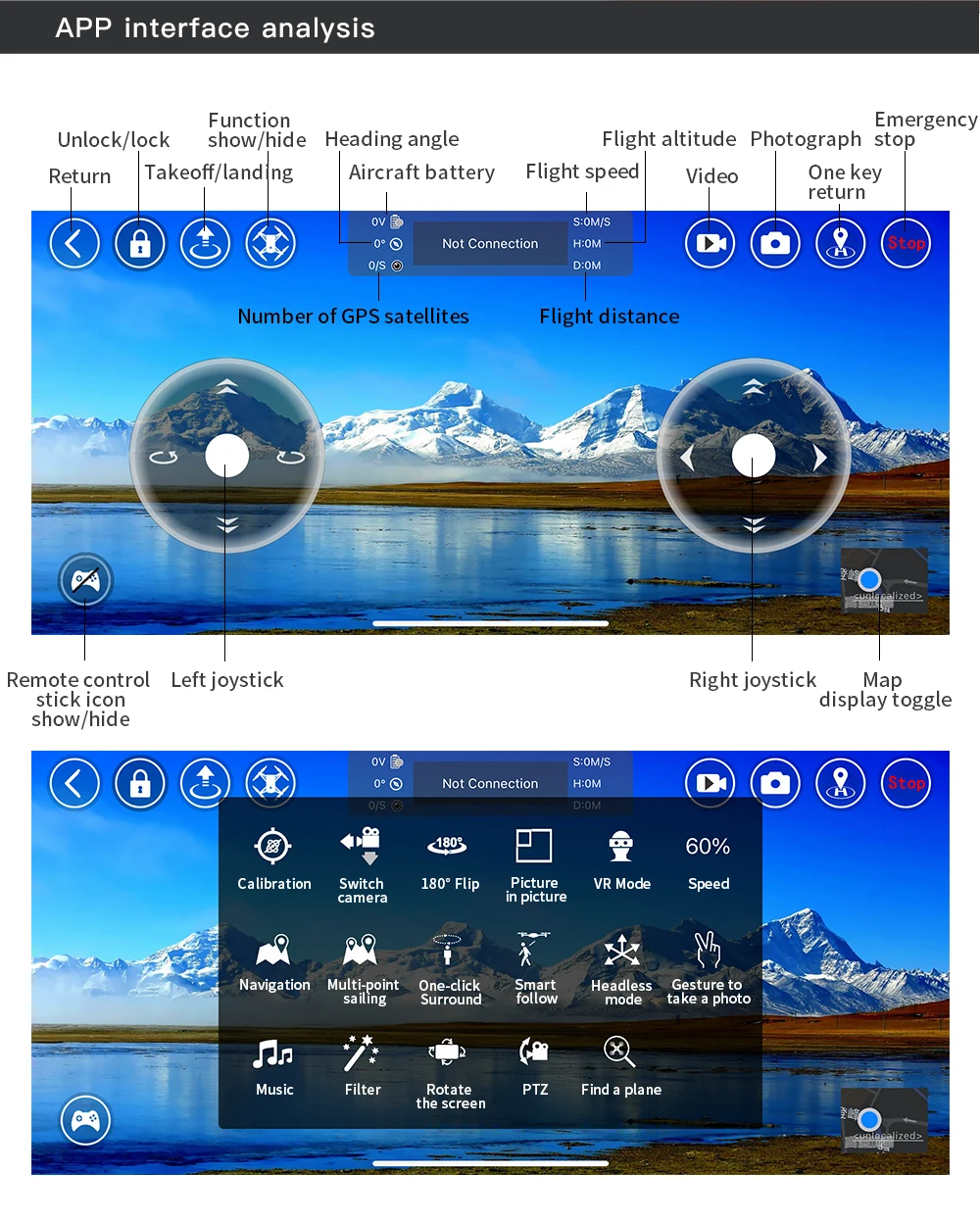 L800 Pro 2 Drone 4K HD Professional GPS FPV With Camera 3-Axis Gimbal 5G WIFI Dron Obstacle Avoidance Brushless Motor RC Quadcopter Professional Camera Drone 43 L800 Pro 2 Drone, APP interface analysis Function Emergency Unlock/lock show/hide Heading angle Flight al