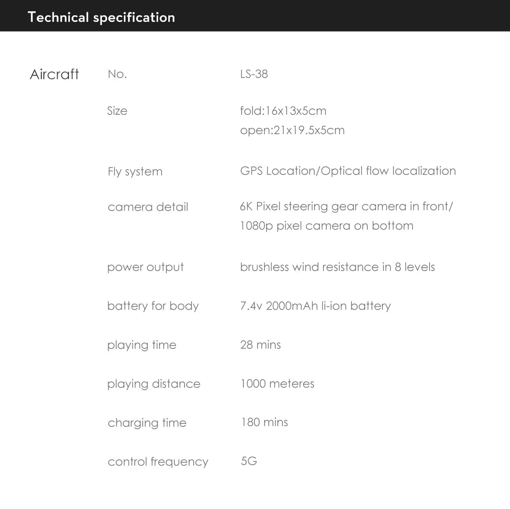 LS38 Drone - GPS 4K HD WIFI FPV Drone 1080P Camera Height Hold RC Foldable Quadcopter Dron Rc Helicopter Drone Gift Toy Professional Camera Drone 30 LS38 Drone, Fly system GPS Location/Optical flow localization camera detail 6K Pixel steering gear camera in