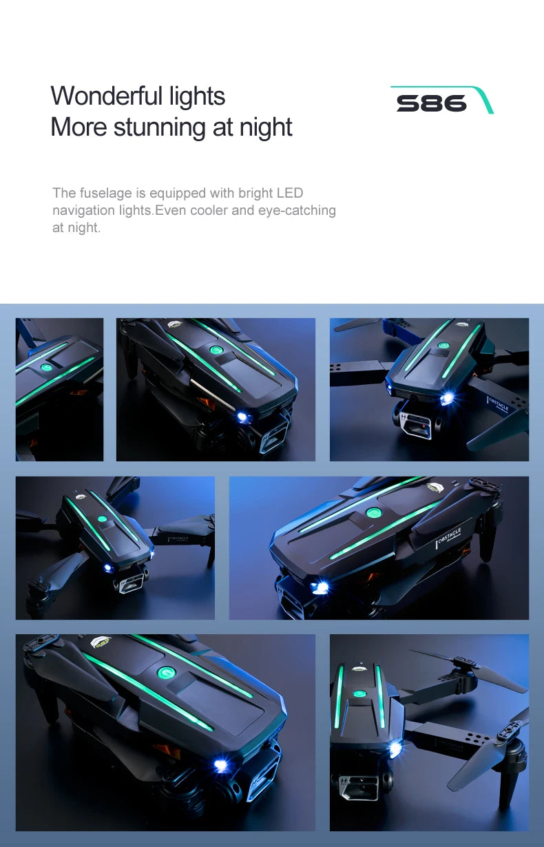 S86 - RC Drones Foldable Long Range Flying Distance HD 4K Video Dual Camera Drone Toys 10 S86 - RC Drone, the fuselage is equipped with bright led navigation lights even cooler eye-