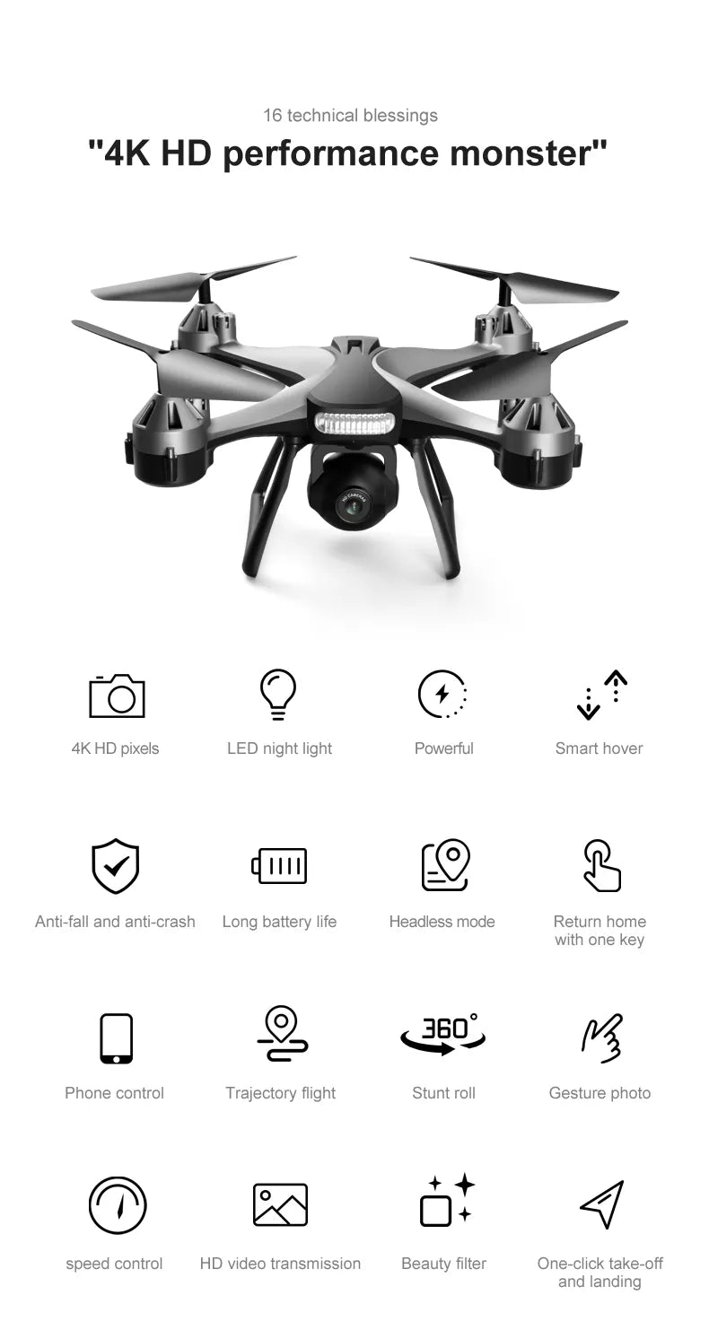 JCRC JC801 Mini Drone, 4k hd pixels led night light powerful smart hover anti-
