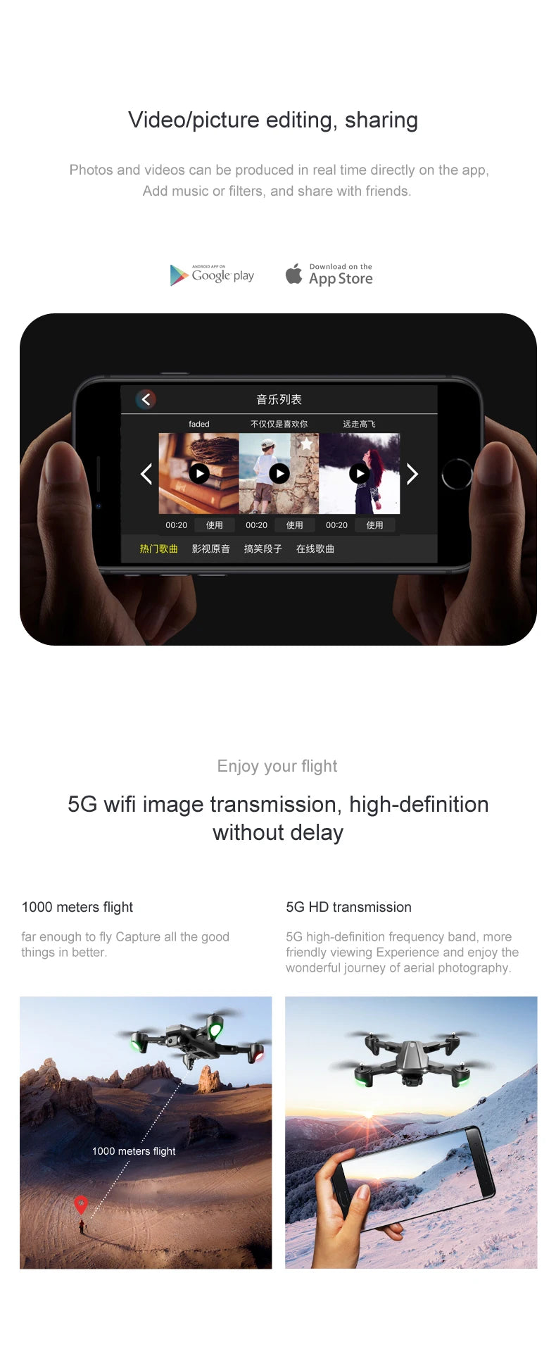 R20 Drone, videolpicture editing, sharing photos and videos can be produced in