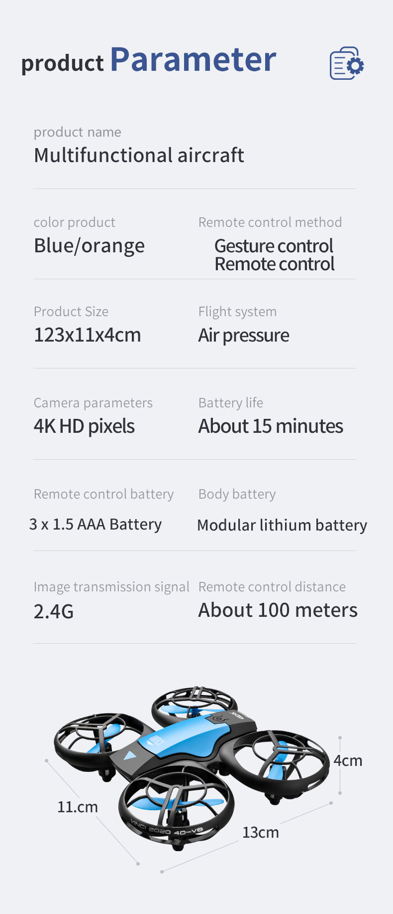 4drc V8 Mini Drone, product parameter e product name multifunctional aircraft color product remote control method