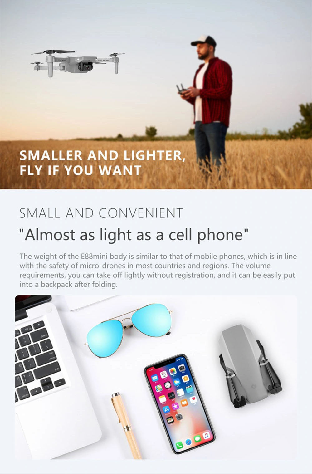 E88 Drone, the e88mini body is similar to that of mobile phones 