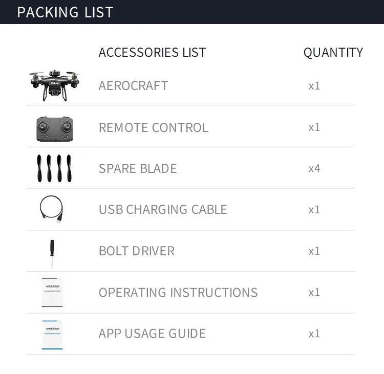 CS8 Drone - 4K Double Camera, CS8 Drone, packing list accessories list quantity aerocraft xl remote control spare blade
