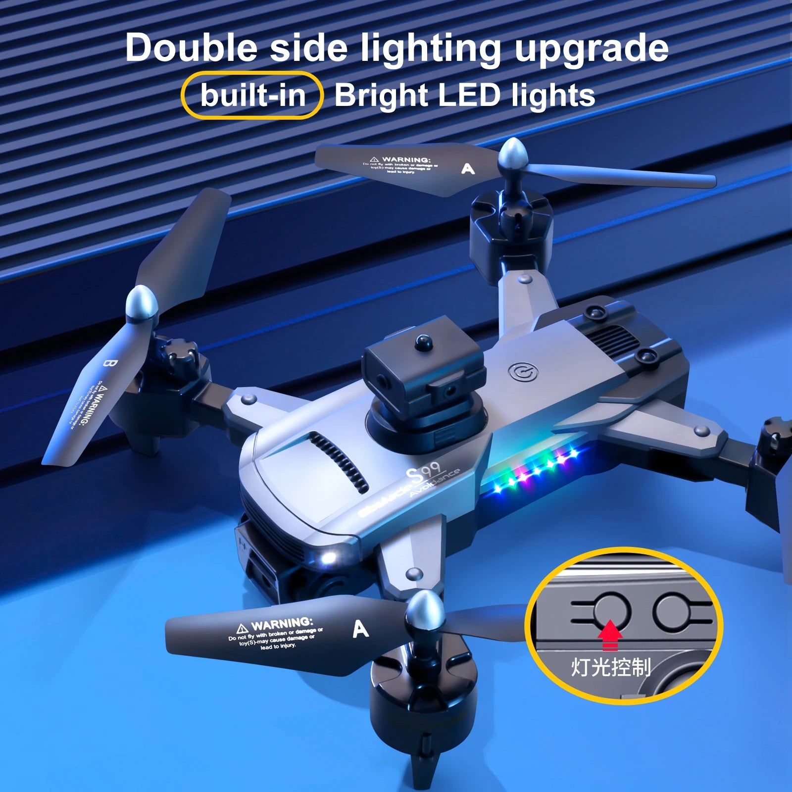 S99 Drone - Dual 4K HD WIFI FPV 2.4GHz Four-Sided Obstacle Avoidance With Light Four-Axis Folding Remote Control Helicopter Toy 31 S99 Drone, double side lighting upgrade built-in bright led lights warning: h