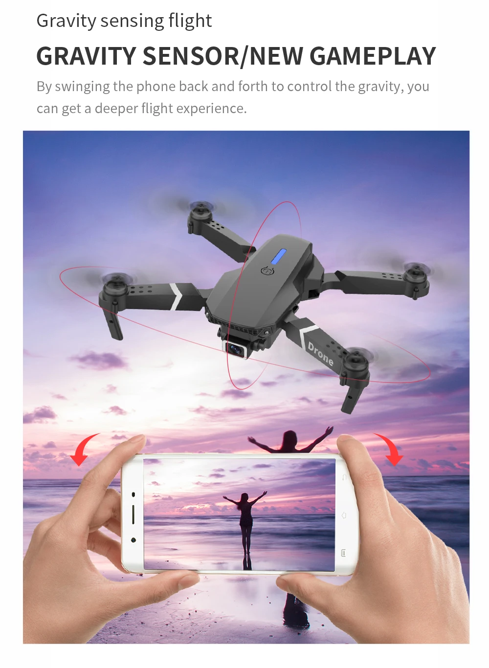 KBDFA E88 Pro Drone - 2023 New WIFI FPV Drone With Wide Angle HD 4K 1080P Camera Height Hold RC Foldable Quadcopter Drones Kid Gift Toys 48 KBDFA E88 Pro Drone, gravity sensorinew gameplay by swinging the phone back and forth to