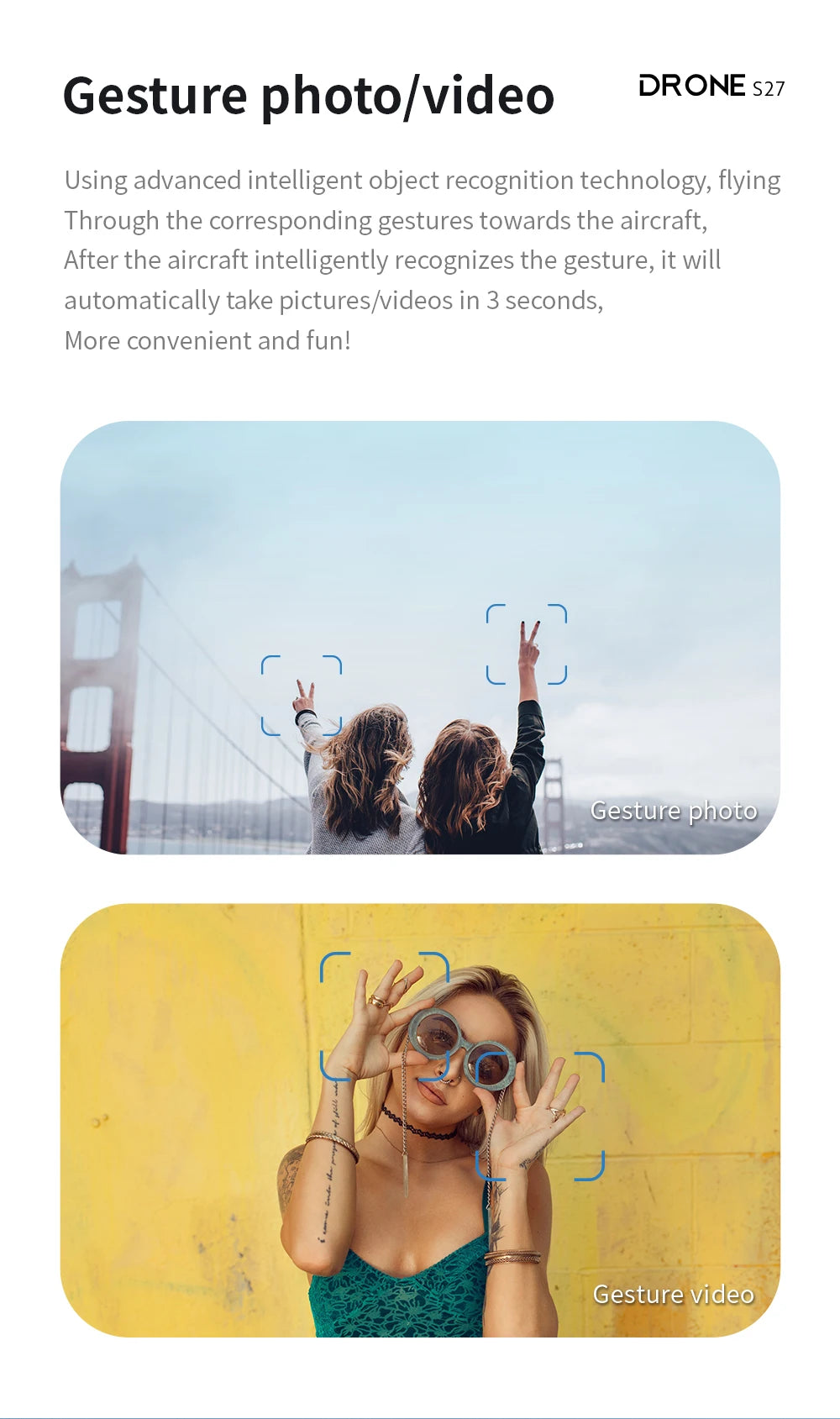 S27 Drone, gesture photo/video drone s27 using advanced intelligent object recognition technology