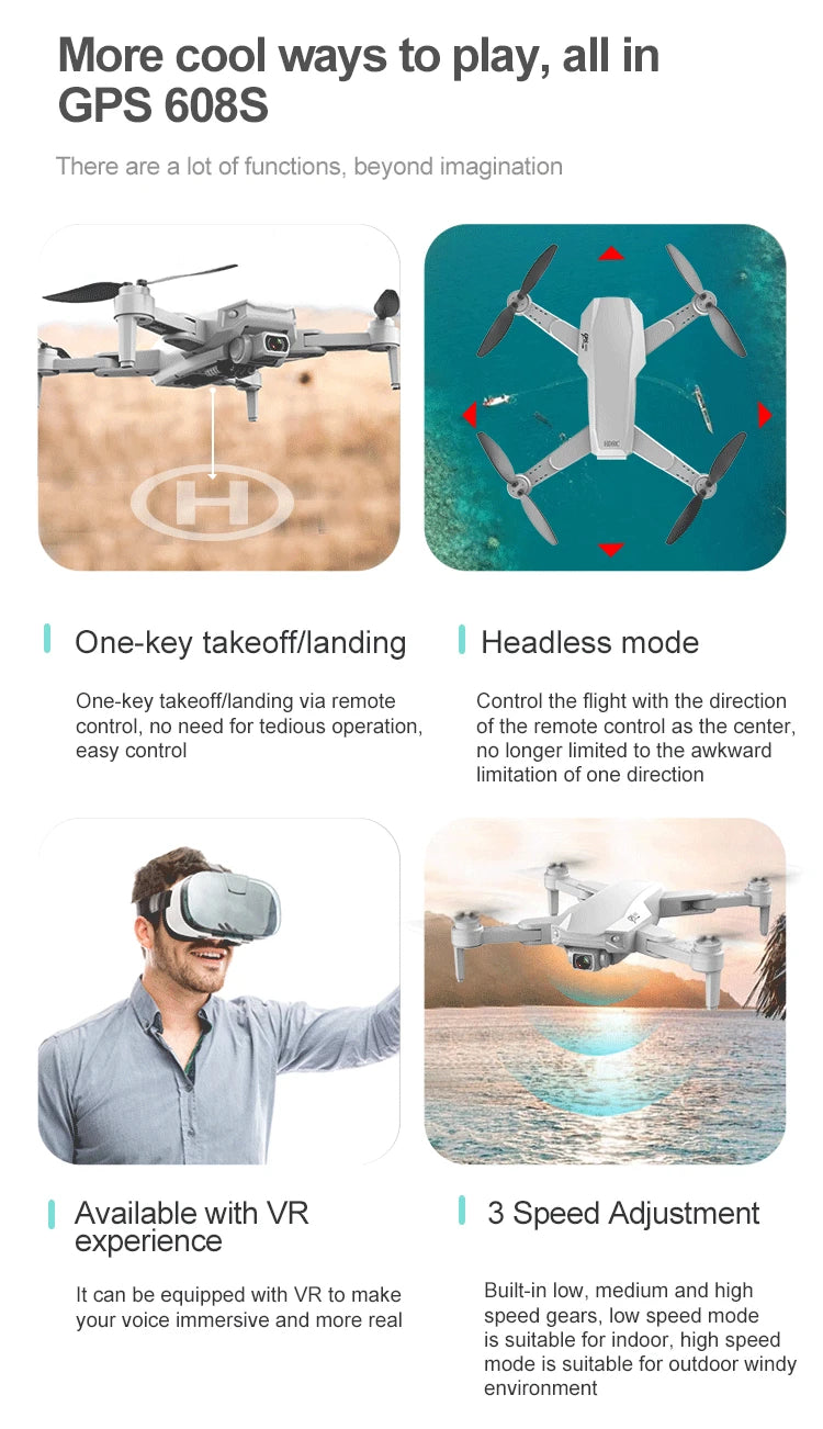 S608 Pro Drone, GPS 608S has a lot of cool features; headless takeoff, headless
