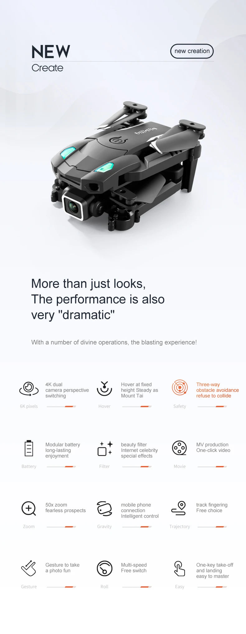 S128 Drone, 4k dual hover at fixed three-way camera perspective height steady as