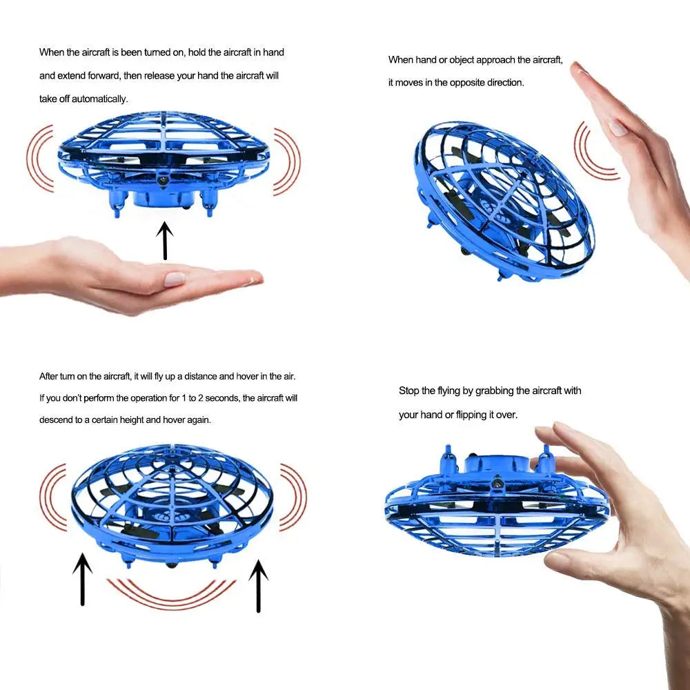 UFO Drone, hold the aircraft in hand when hand or object approach the aircraft .
