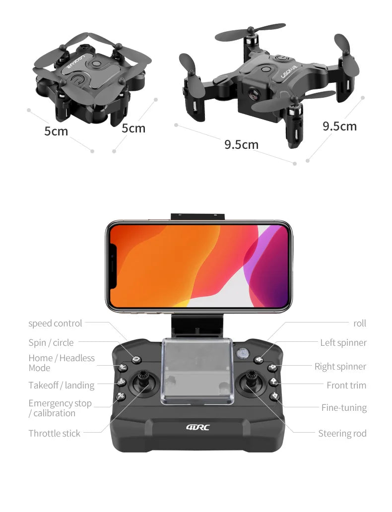 V2 Mini Drone, speed control roll spin / circle left spinner home headless mode