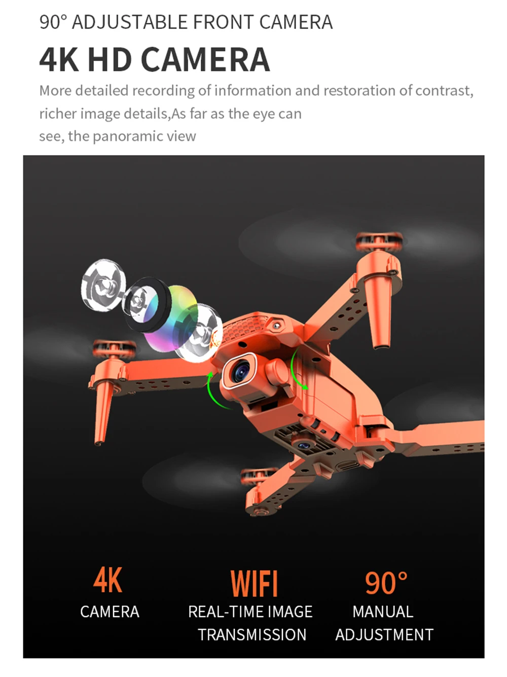 K5 Mini Drone, panoramic view 4k wifl 90* camera real-time