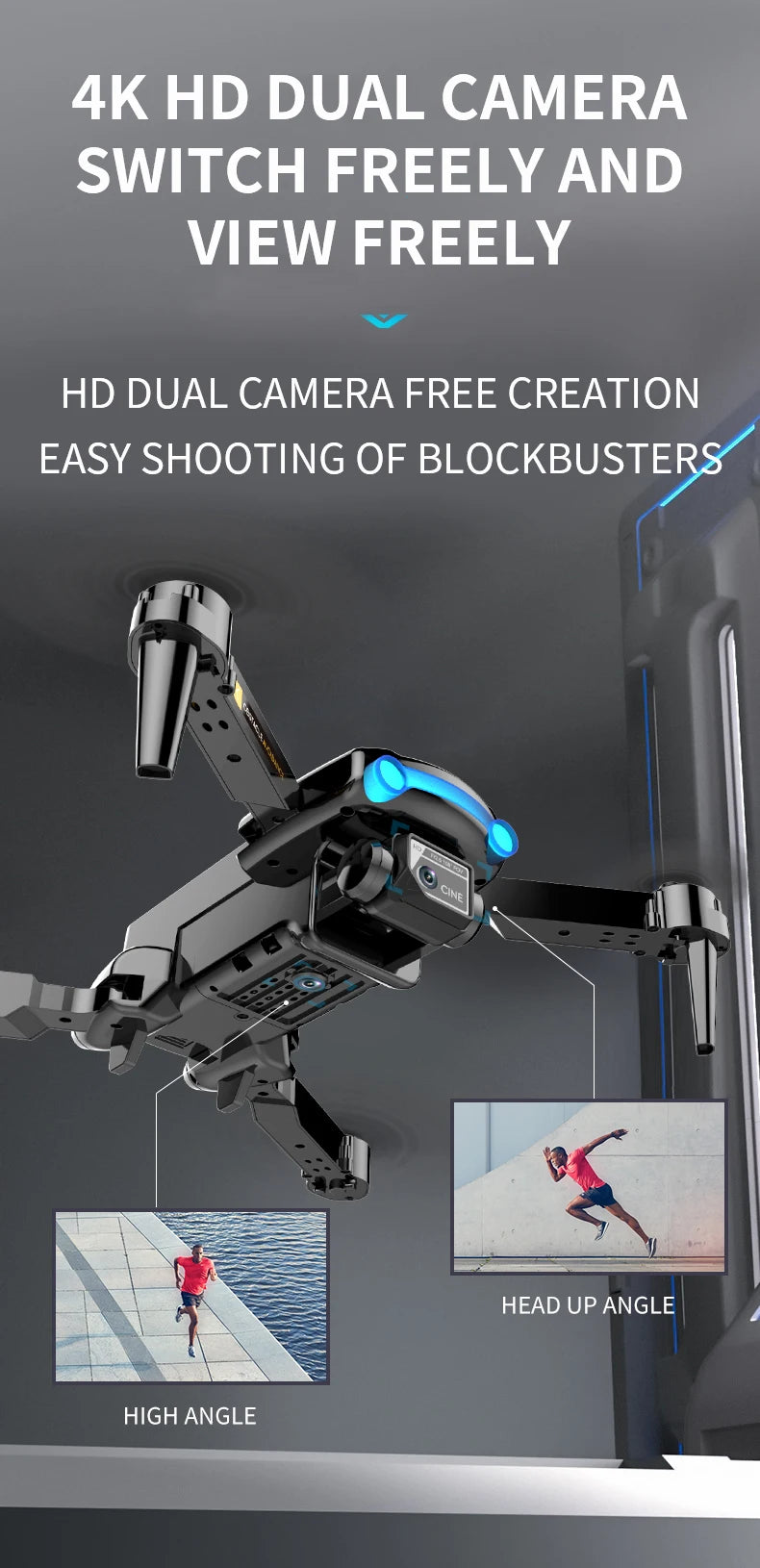 CS9 Drone, 4k hd dual camera switch freely and view freely h