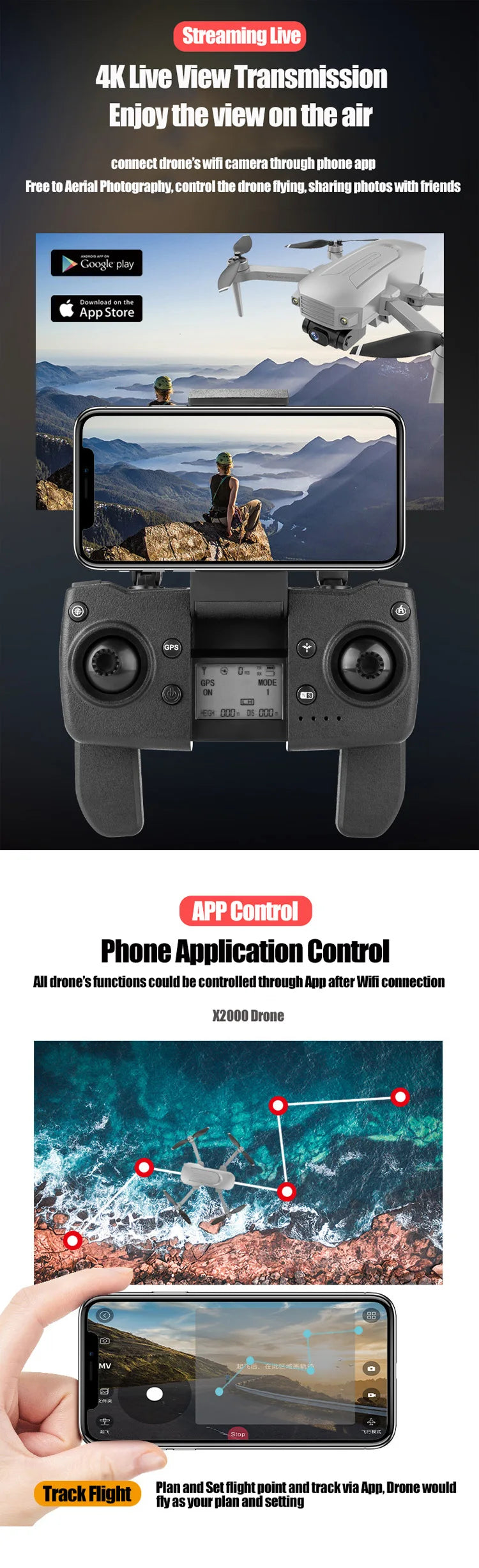 X2000 Drone, aji drones functions could be controlled through app after wifi connection 