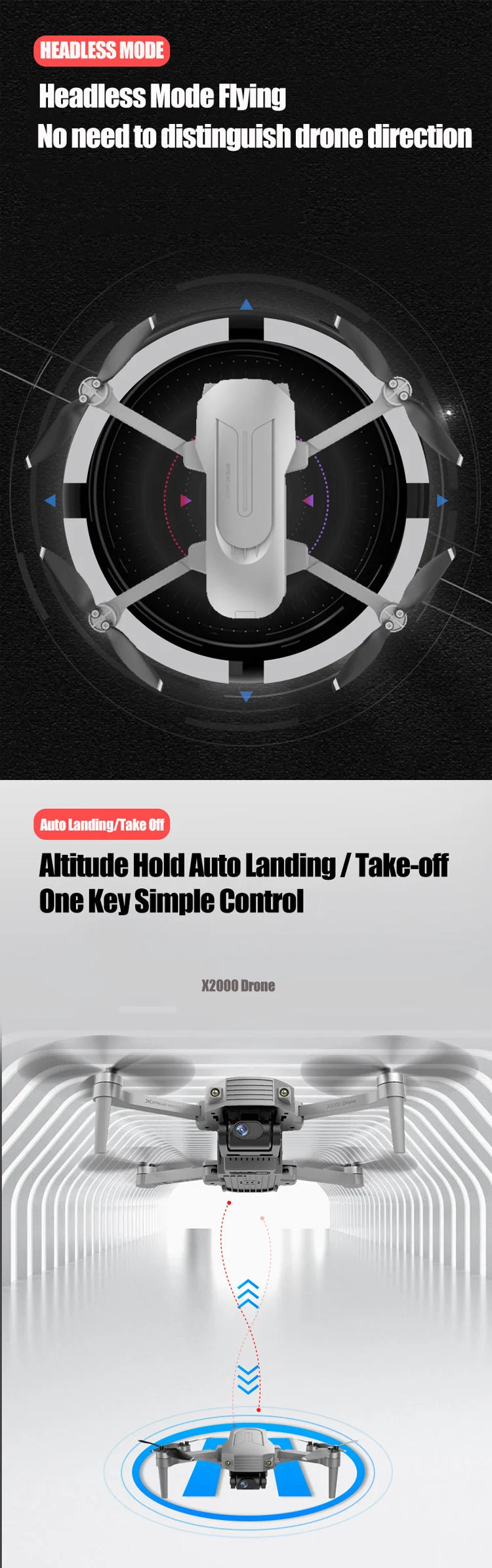 X2000 Drone, headless mode flying no needto distinguish drone direction auto landing/take