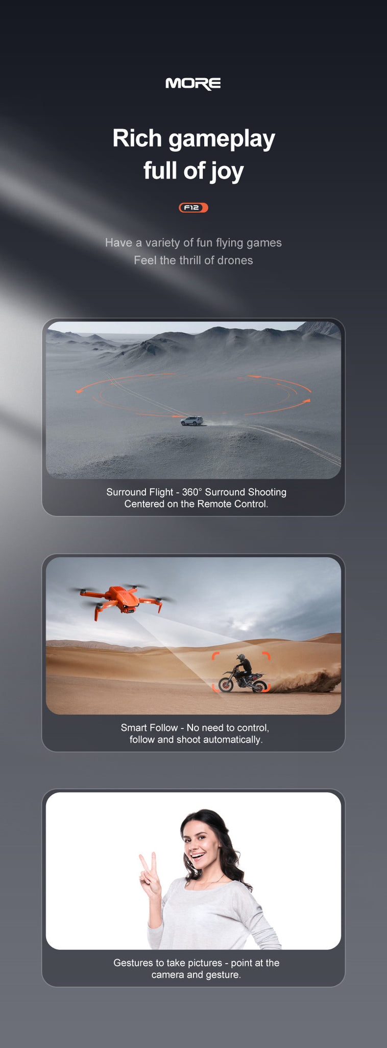 F12 Drone, MORE Rich gameplay full of joy F12 Have a variety of fun flying games Feel the thrill