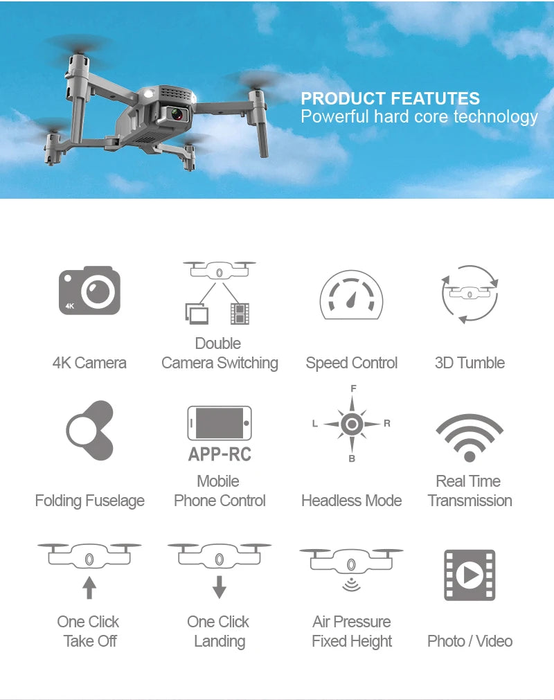 R16 Drone, product featutes powerful hard core technology double 4k camera camera switching