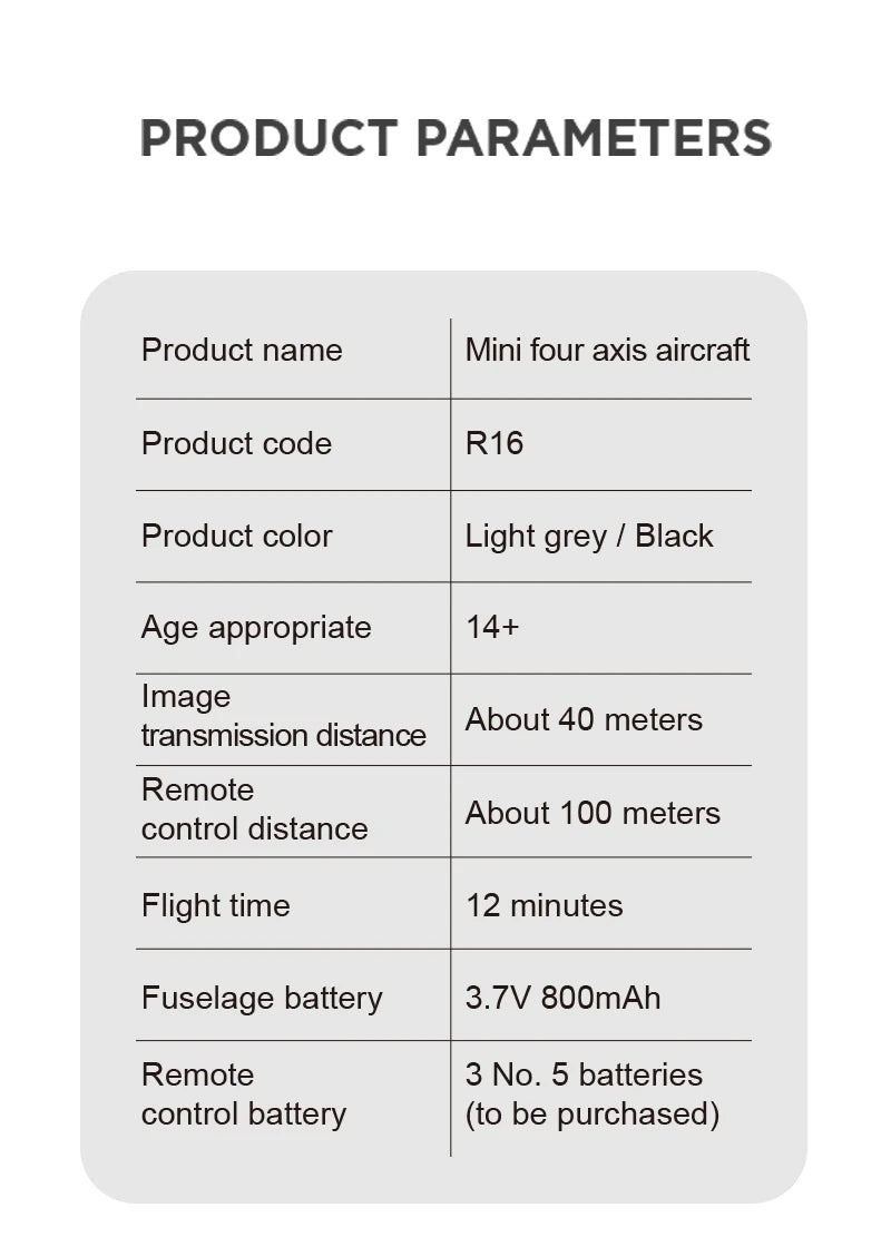 R16 Drone, product parameters product name mini four axis aircraft product code r