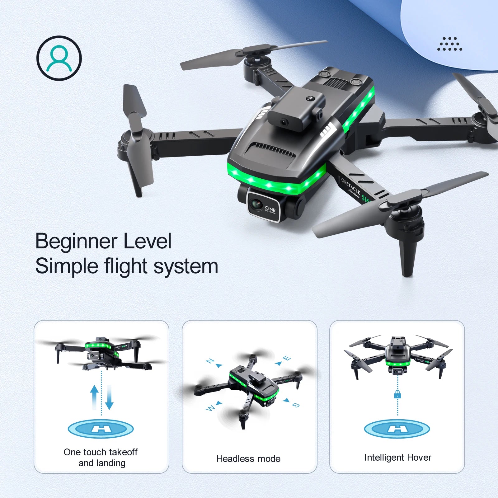 S162 Pro Drone, sla beginner level simple flight system one touch takeoff headless