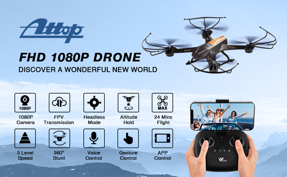 طائرة بدون طيار ATTOP A8 - طائرة بدون طيار FPV أكبر حجمًا بدقة 1080 بكسل مع كاميرا بمفتاح واحد لبدء التشغيل/التحويم/جهاز تحكم عن بعد للأطفال في الأرض/التطبيق/التحكم في الصوت/الإيماءات، 24 دقيقة من الطيران المنخفض، تصميم آمن للتحذير من البطارية 11 ATTOP A8 Drone, ztgp fhd 1080p drone discover