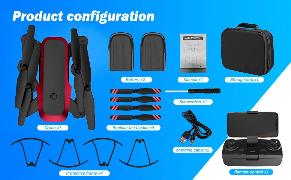 TizzyToy Drone, product configuration battery x2 manual xi storage bag x