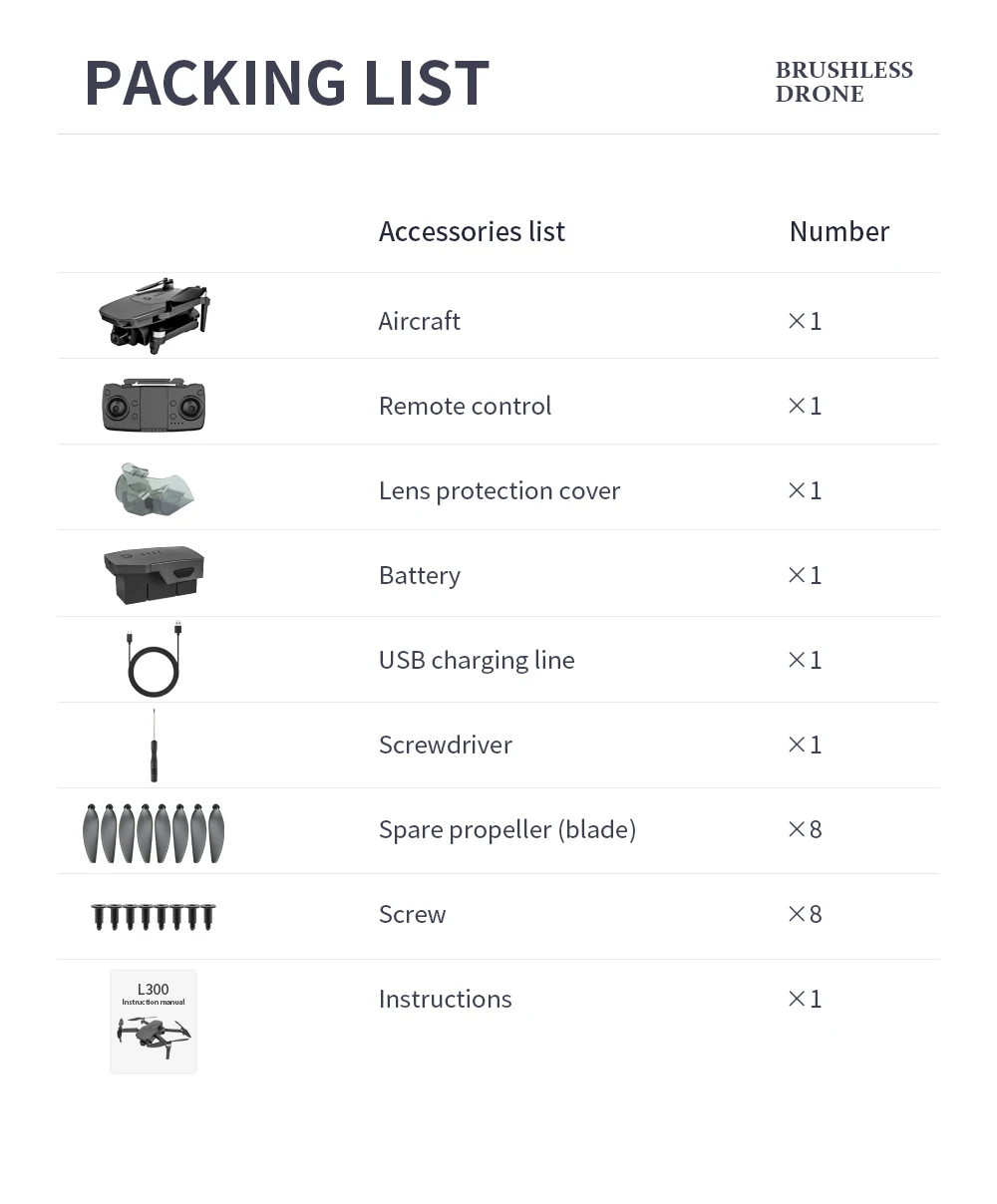 L300 Drone - كاميرا 4K GPS محرك بدون فرشاة 5G FPV Quadcopter 1.2km 25min RC Helicopter كاميرا مزدوجة 26 L300 Drone, packing list drone accessories list number aircraft x1 remote control x