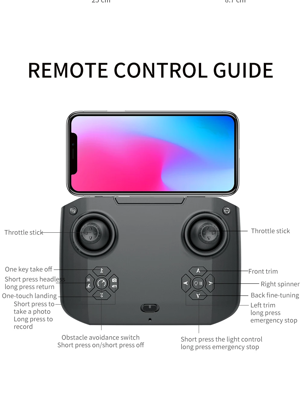 KF616 Drone, remote control guide throttle stick throttle stick one take off -front trim