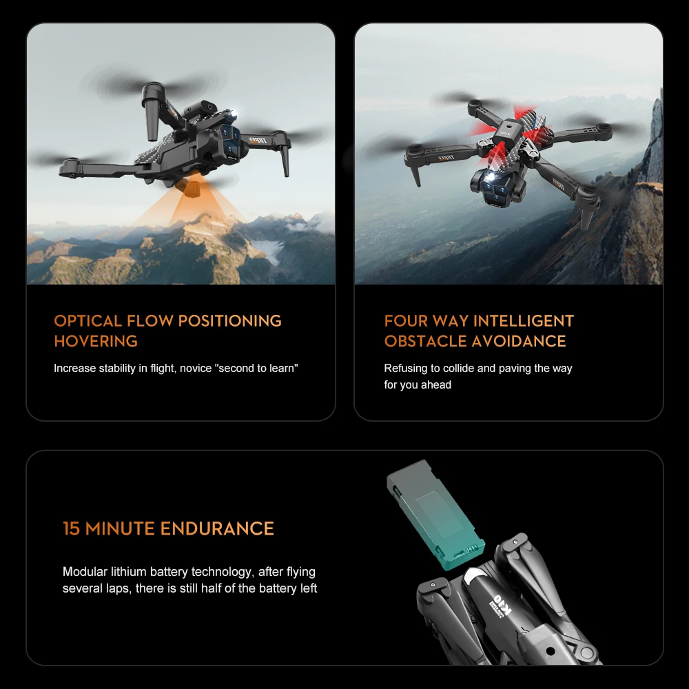K10 MAx Drone, four way intelligent hovering obstacle avoidance increase stability in flight .