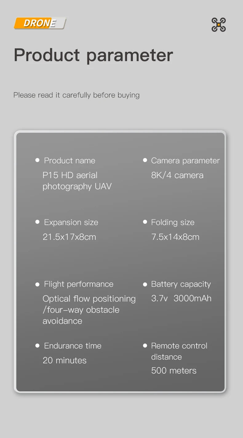 P15 Drone, camera parameter p15 hd aerial 8k/4 camera photography