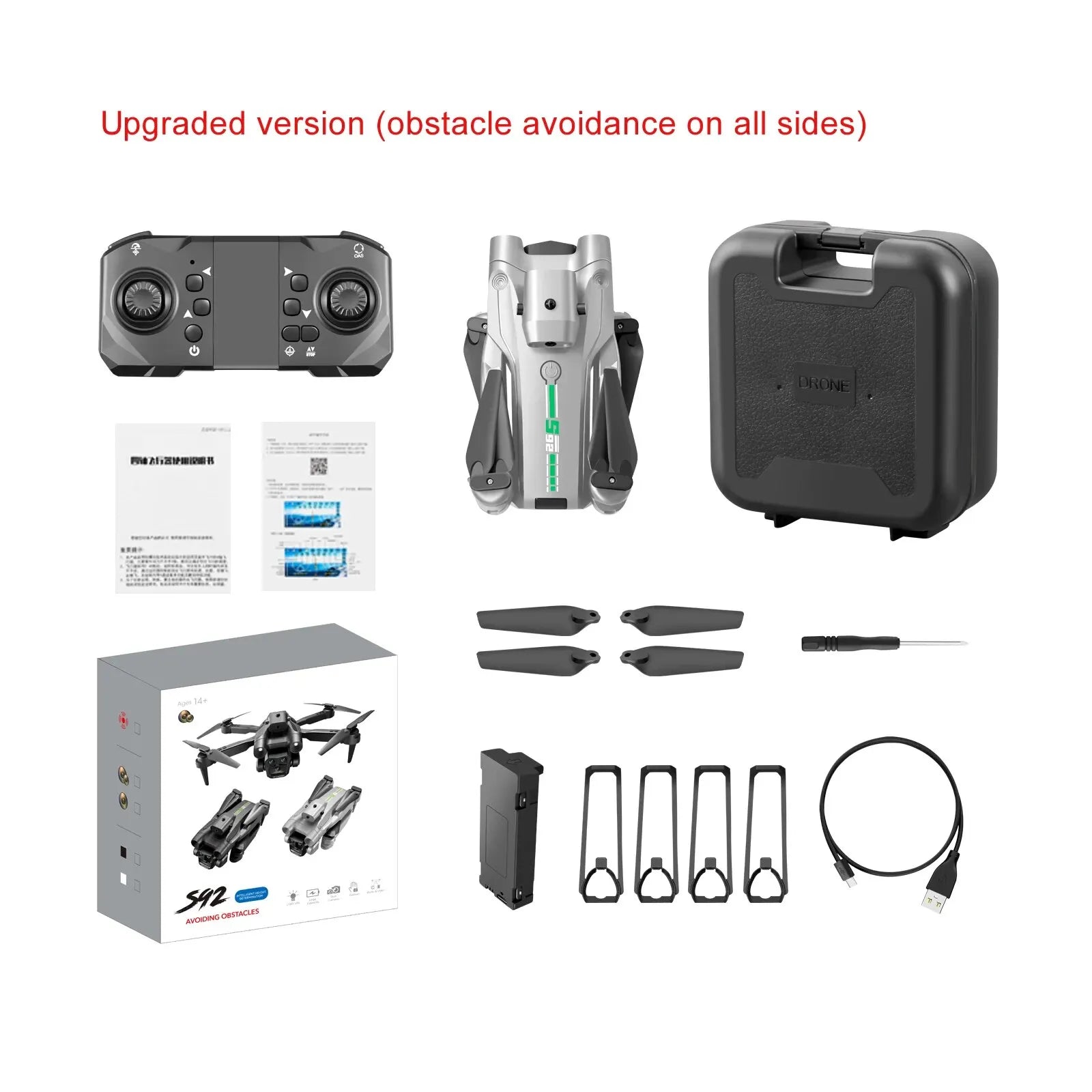طائرة بدون طيار S92 - طائرة بدون طيار بكاميرا HD 4K مع قبضة عالية، قابلة للطي، جهاز تحكم عن بعد صغير، واي فاي، تصوير جوي، مركبة ذات أربع عجلات، ألعاب، كاميرا هليكوبتر 33 S92 Drone, upgraded version (obstacle avoidance on all sides) mual