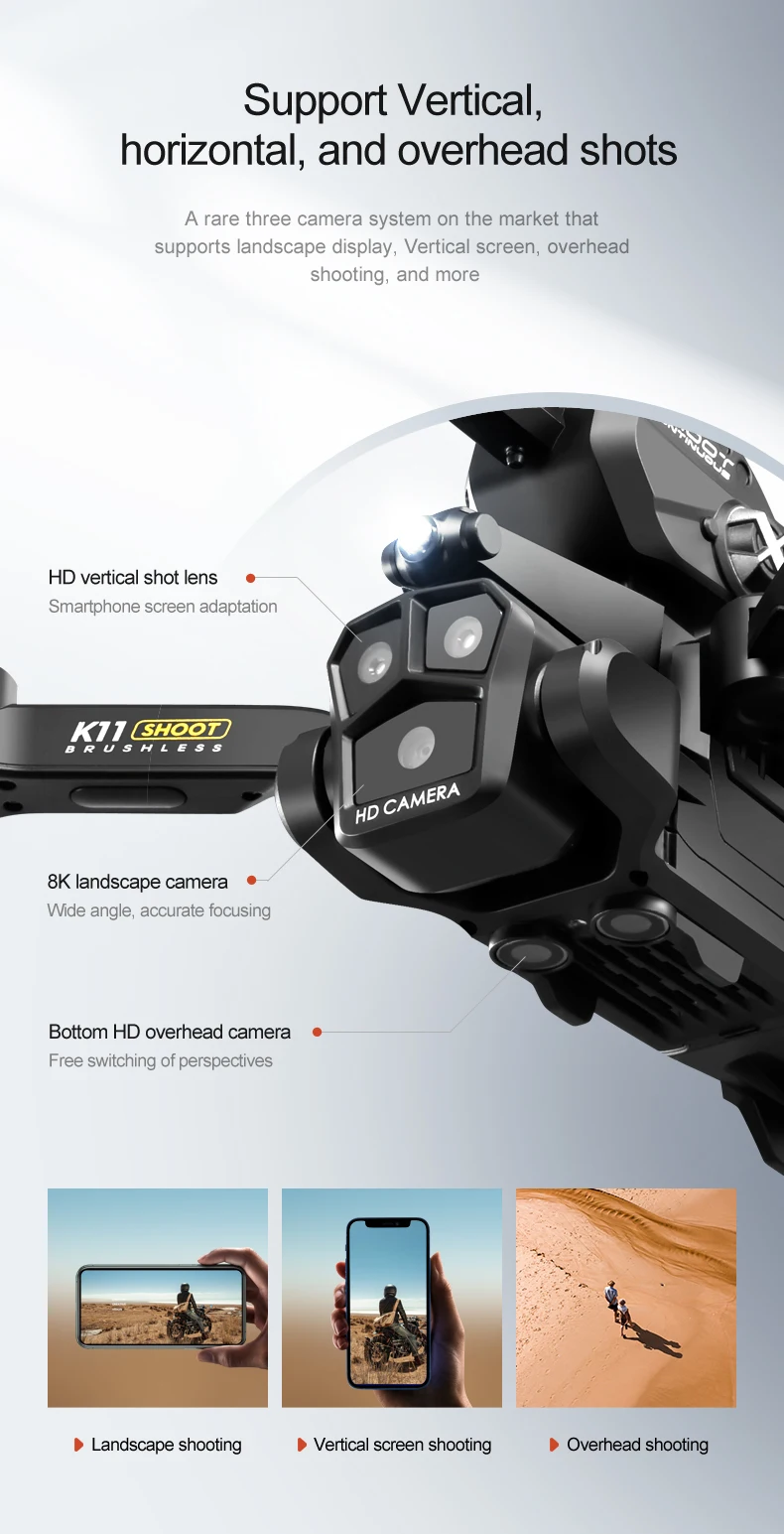 K11 Max Drone, support vertical, horizontal, and overhead shots a rare three camera system