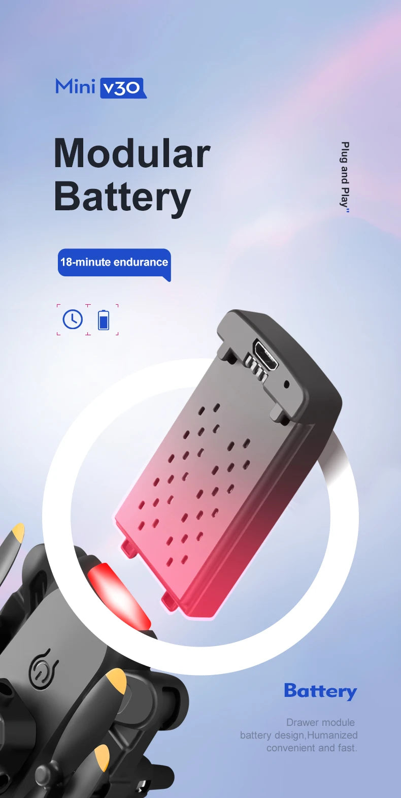4DRC V30 Mini Drone, mini v3o modular 2 battery 18-minute endurance battery drawer