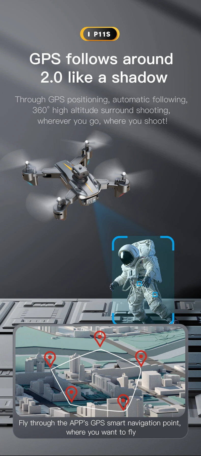 P11S Drone, p11s gps follows around 2.0 like a
