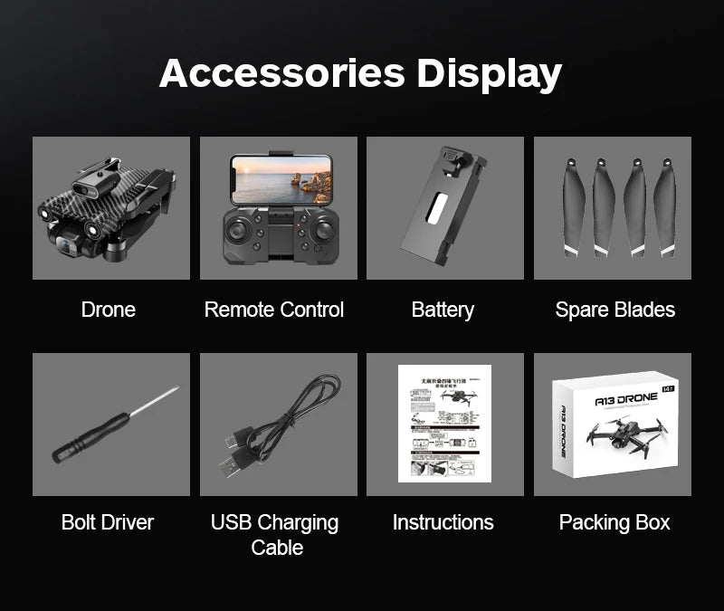 A13 Drone, accessories display drone remote control battery spare blades taniaar 7