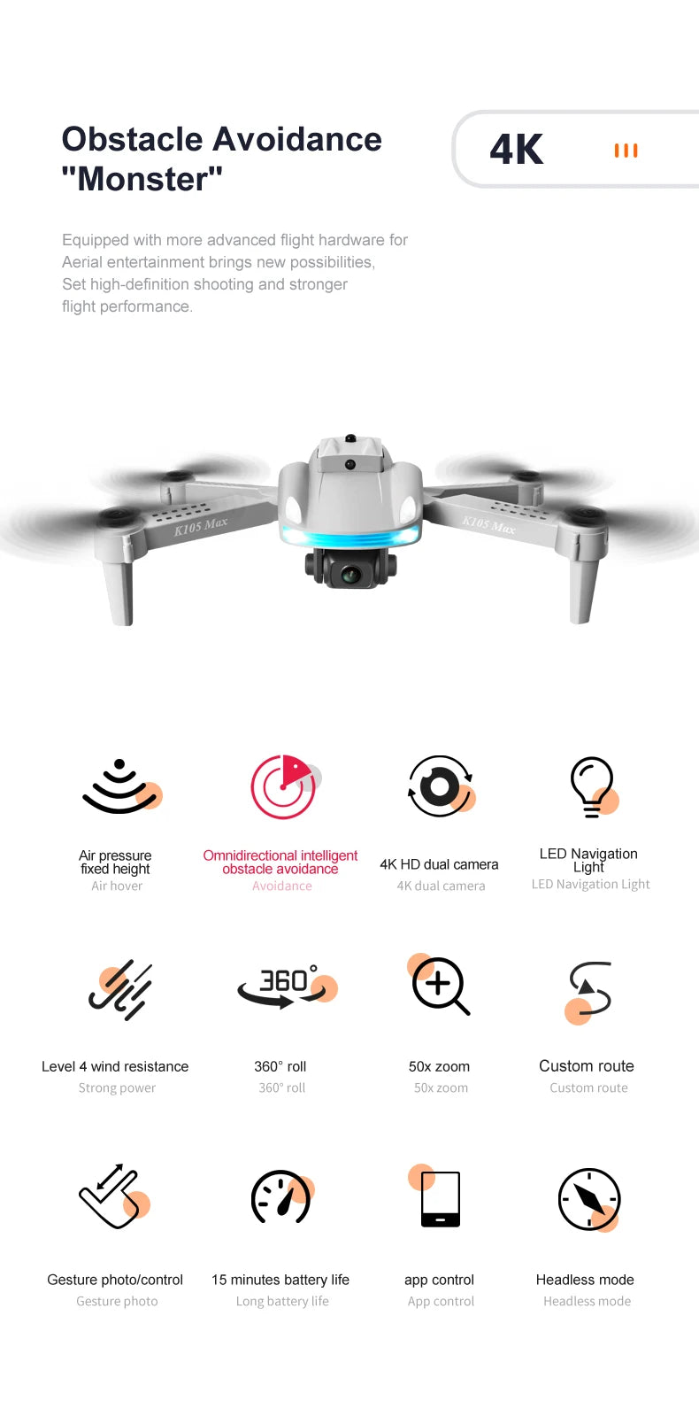 JINHENG K105 Max Drone - 4K HD كاميرا مزدوجة مع تجنب العوائق واي فاي Fpv ألعاب كوادكوبتر قابلة للطي للأطفال هوبي 26 JINHENG K105 Max Drone, obstacle avoidance 4k "monster" equipped with more advanced flight