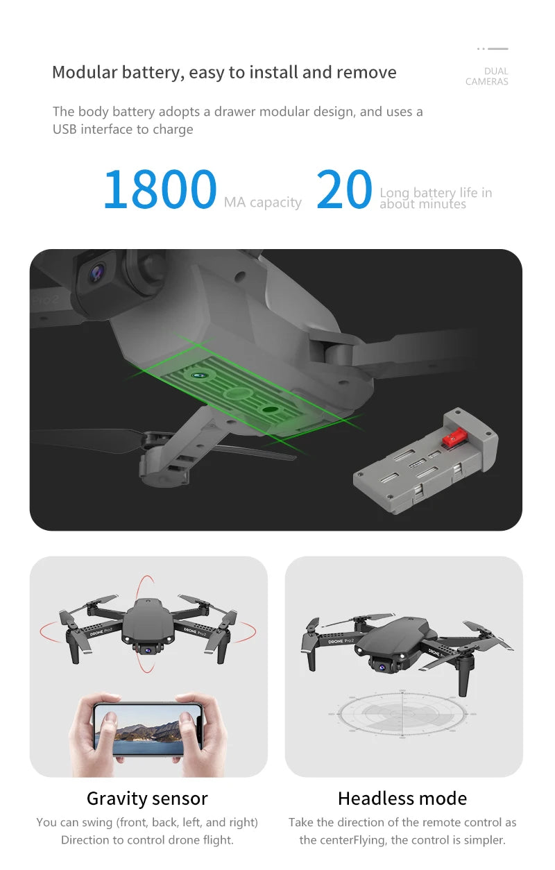 XKJ E99 RC Mini Drone - 4K 1080P 720P كاميرا مزدوجة WIFI FPV التصوير الجوي هليكوبتر قابلة للطي كوادكوبتر بدون طيار 44 XKJ E99 RC Mini Drone, modular battery, easy to install and remove dual camera5 the body battery