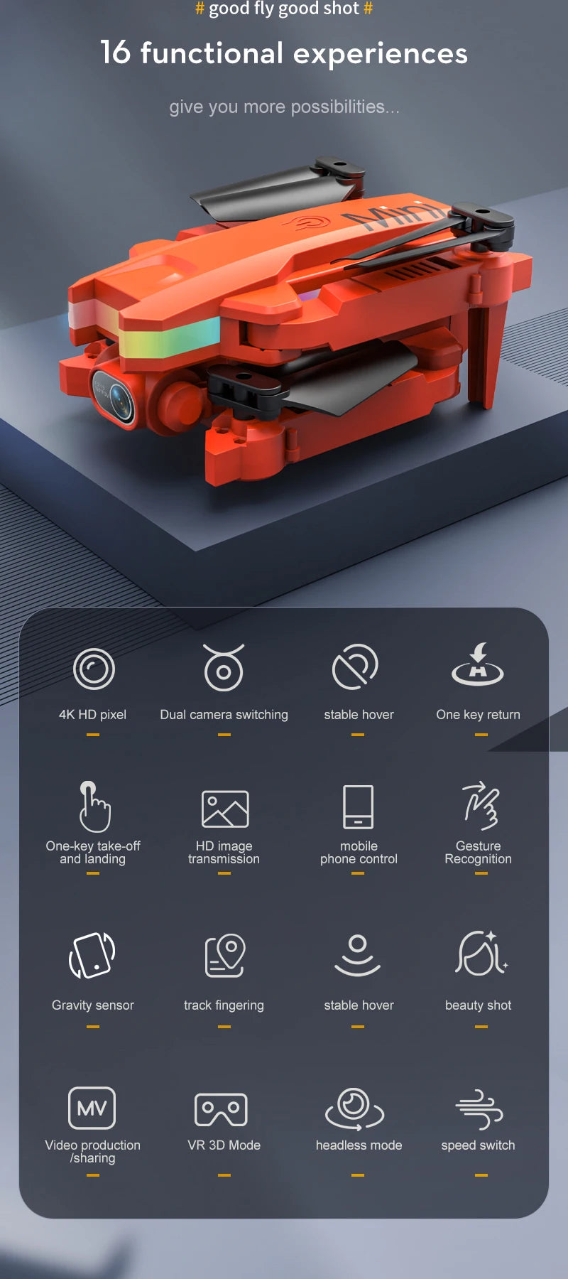 XT8 RC Mini Drone - 2024 جديد 4K كاميرا مزدوجة عالية الدقة تصوير فيديو Led بدون طيار كوادكوبتر مع FPV مفتاح واحد ألعاب العودة للأطفال هدية 26 XT8 RC Mini Drone, good fly good shot 16 functional experiences give you more possibilities . stable