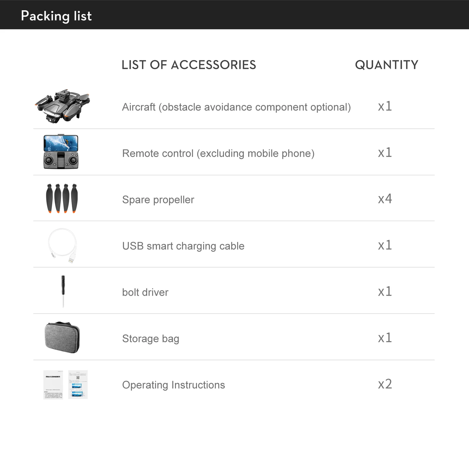 KBDFA LS58 Drone, packing list list of accessories quantity aircraft (obstacle avoidance component