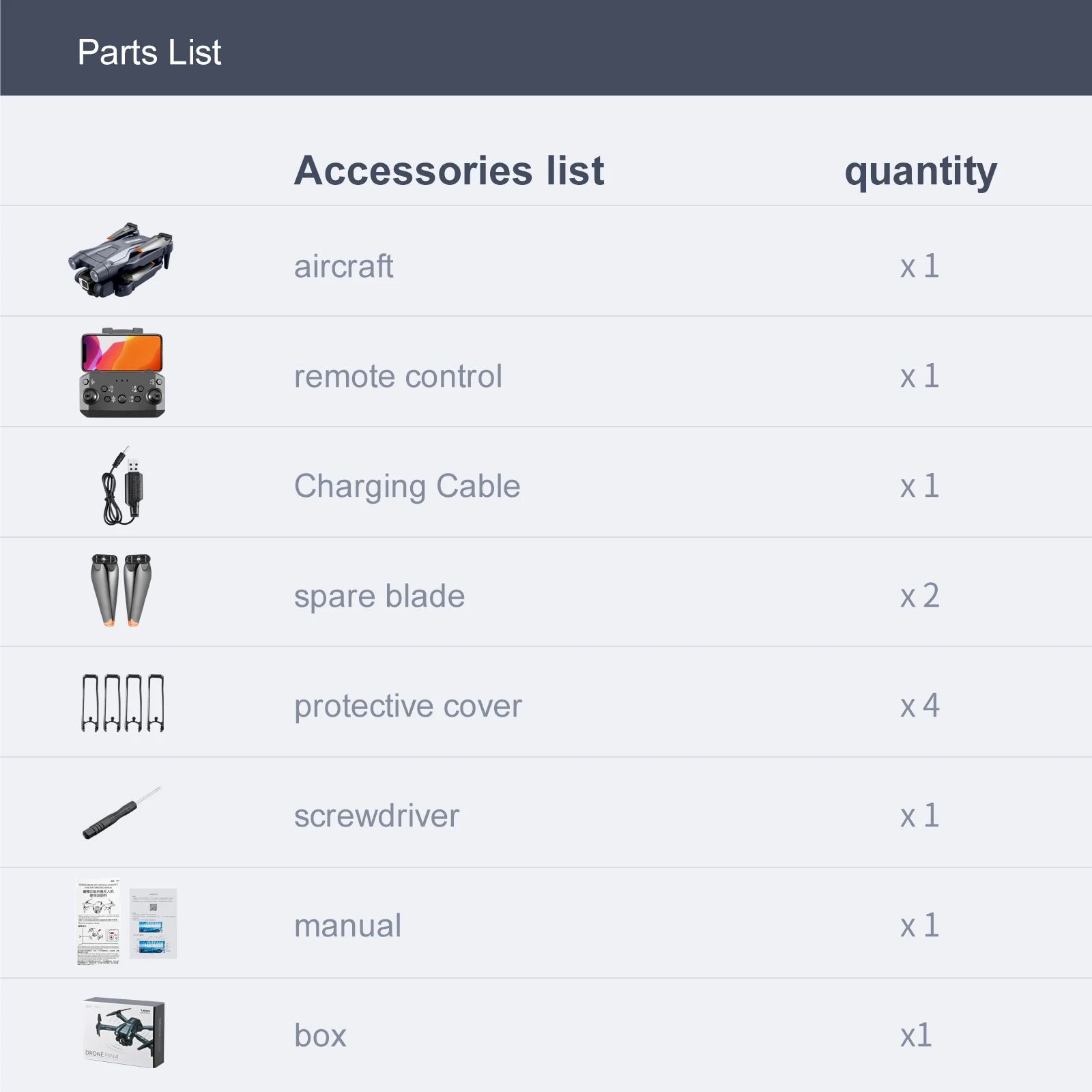 KBDFA MINI4 Drone, parts list quantity aircraft xl dro ie
