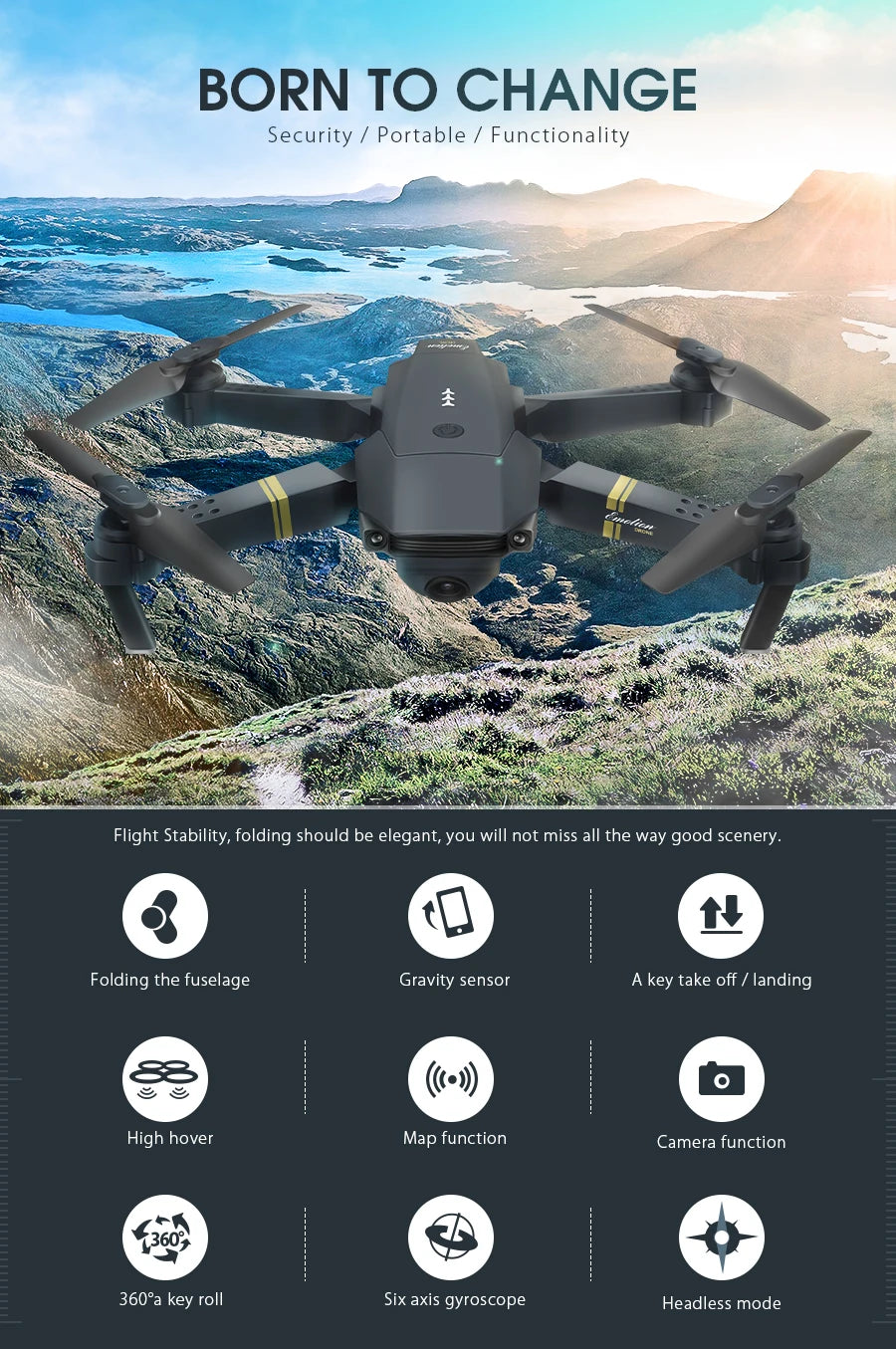 Eachine E58 Drone, folding the fuselage gravity sensor a key take off / landing