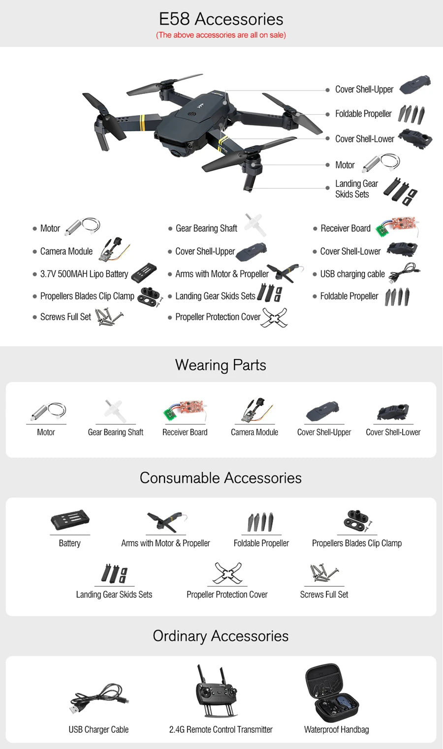 Eachine E58 Drone, cover shell-lower 3.7v 5o0mah