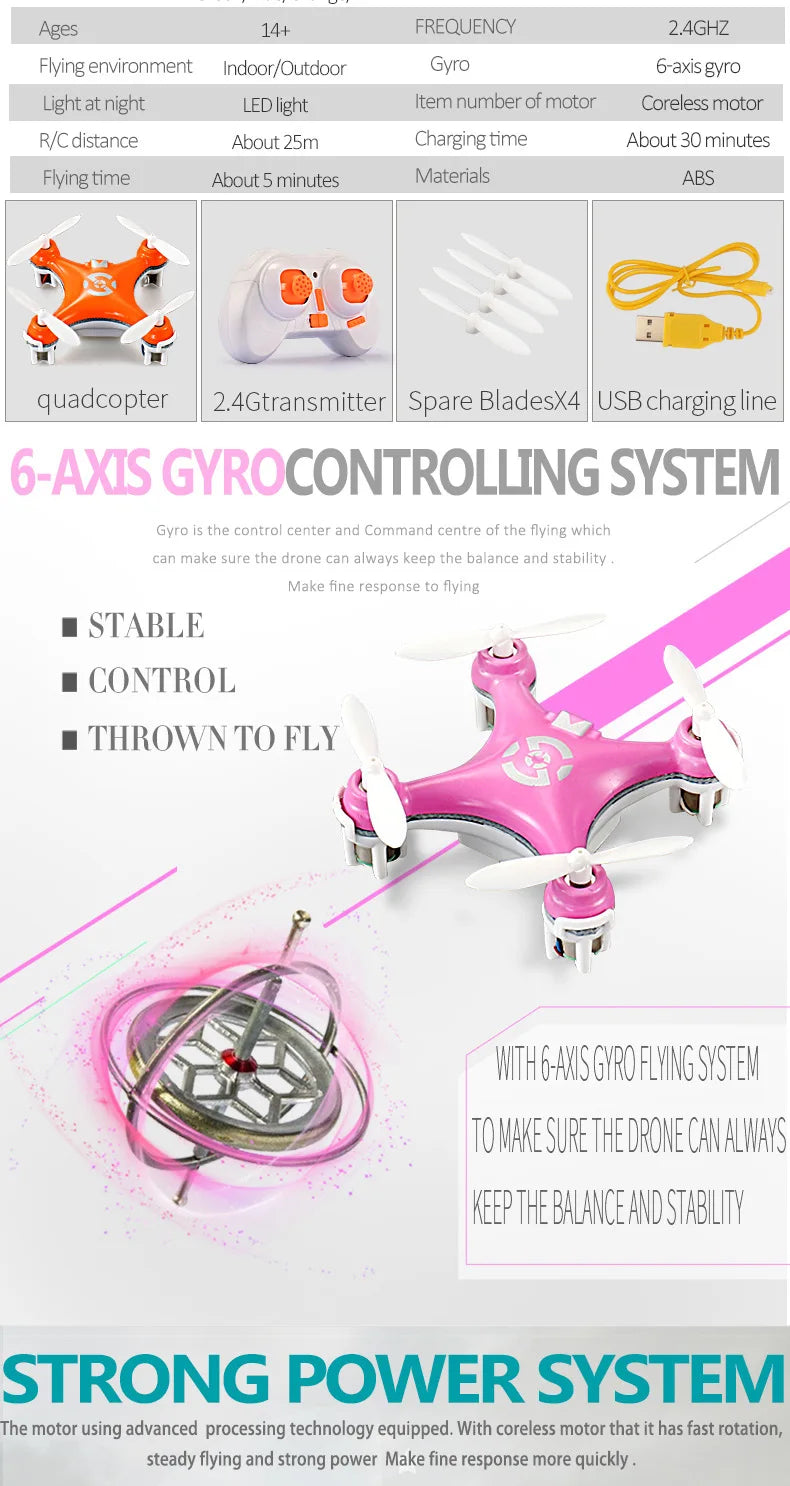 Cheerson CX10 Mini Drone, coreless motor that it has fast rotation; steady flying and strong power