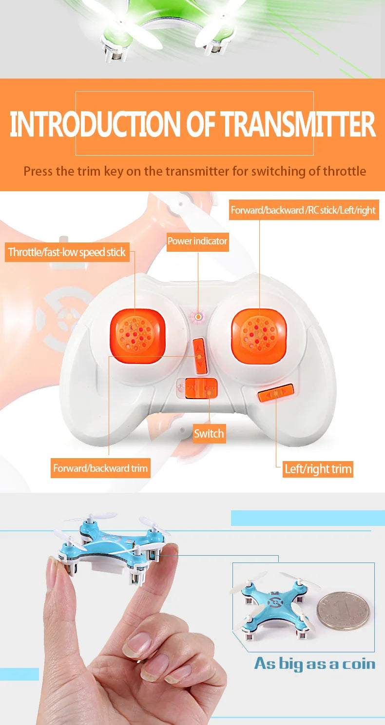 Cheerson CX10 Mini Drone, introduction of transmitter press the trim on the transmitter for switching of throttle forward