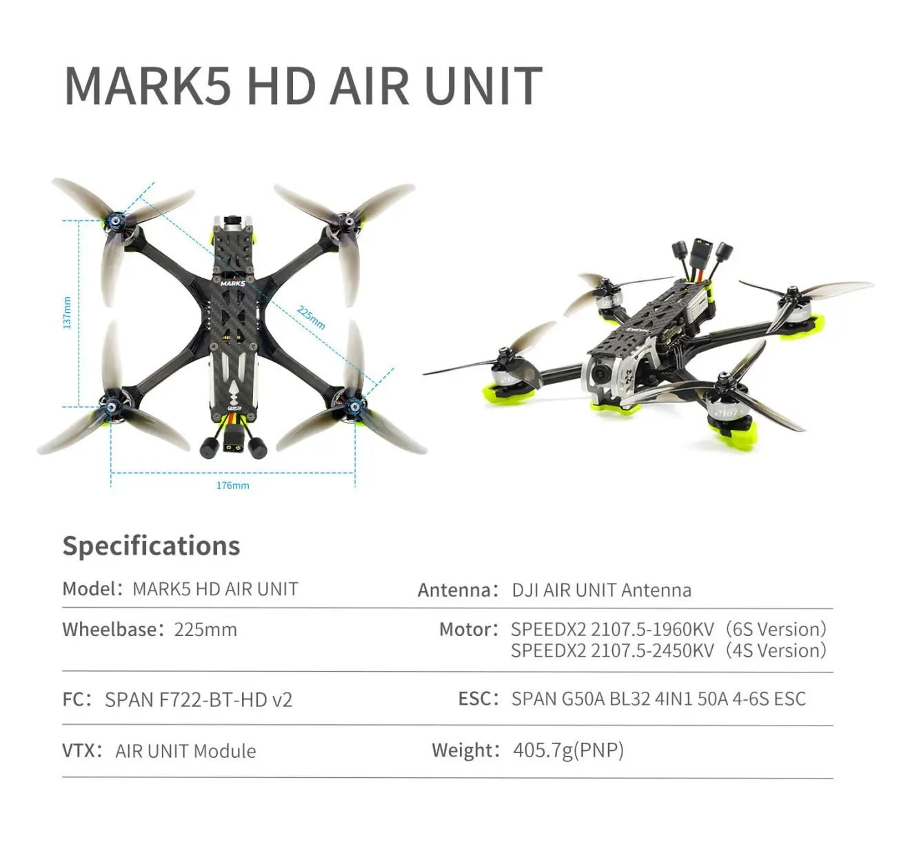 طائرة بدون طيار MARK5 HD AVATAR Freestyle FPV - 4S/6S ELRS 2.4G 5Inch SPEEDX2 2107.5 Motor RC FPV Quadcopter LongRange Freestyle Drone 20 MARK5 HD AVATAR Freestyle FPV Drone, MARKS HD AIR UNIT 1 176mm Specifications Model: DJI