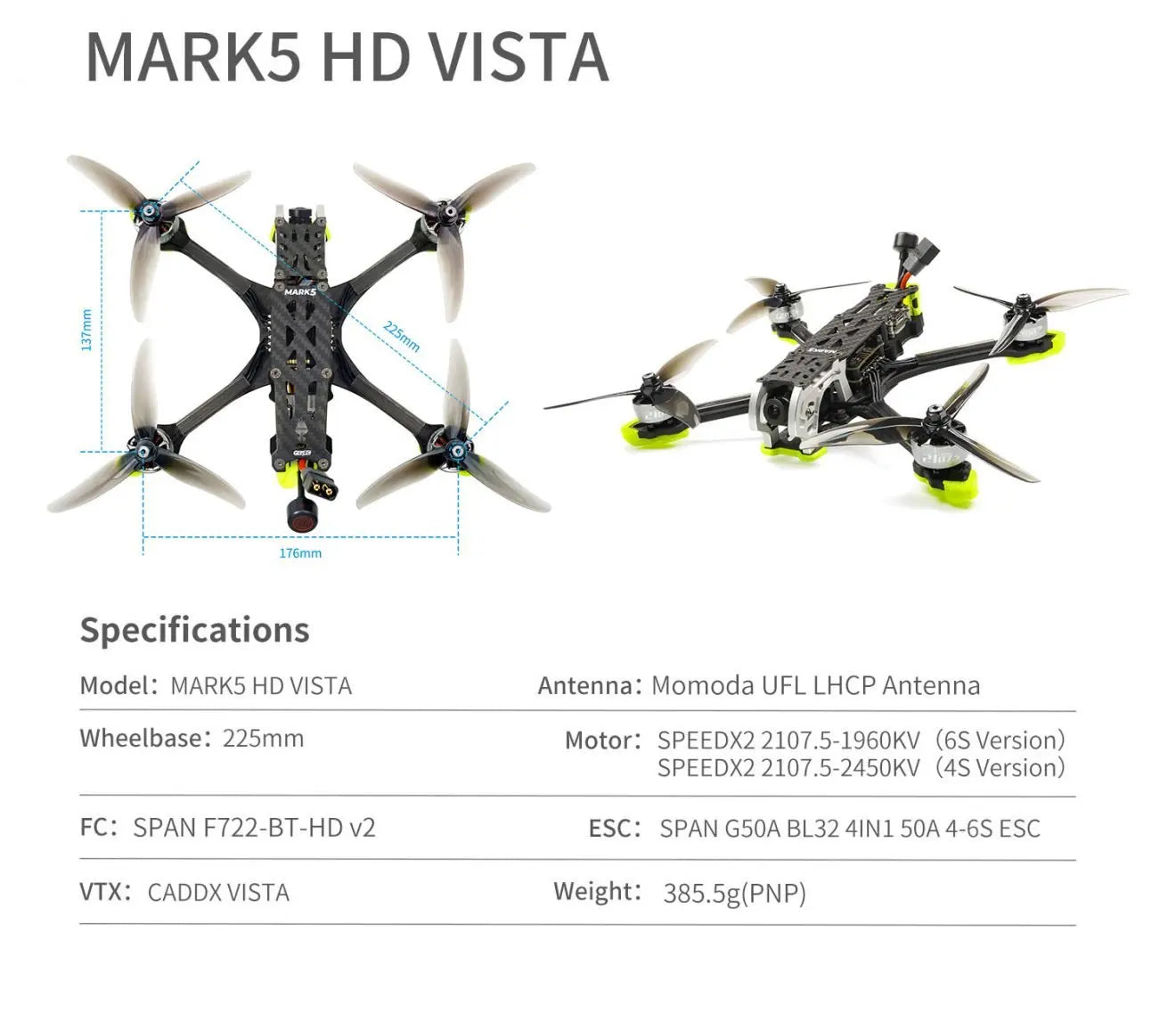 طائرة بدون طيار MARK5 HD AVATAR Freestyle FPV - 4S/6S ELRS 2.4G 5Inch SPEEDX2 2107.5 Motor RC FPV Quadcopter LongRange Freestyle Drone 21 MARK5 HD AVATAR Freestyle FPV Drone, MARKS HD VISTA Enti 1 176mm Specifications Model: MAR